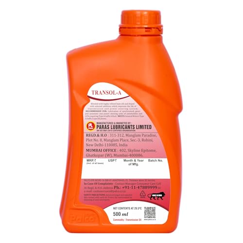 Image of PALCO TRANSOL-A | Transmission Oil - Type A Suffix A | Low Coefficient of Friction for manual Transmissions Gear Oil | Synchromesh Gears and Automatic and Power Steering Oils 500ml (Pack of 1)