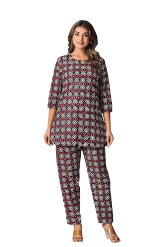 Image of Women's Pure Cotton Printed Night Suit,Top and Relaxed Pajama Set, Stylish Sleepwear, Casual Wear
