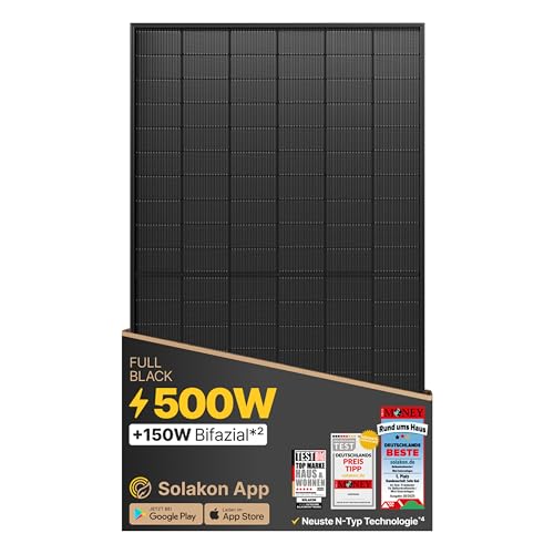 Solakon Solarpanel 500W, Bifazial Glas-Glas N-Type Solarmodul, 40v Full Black Solarmodule/Solar...