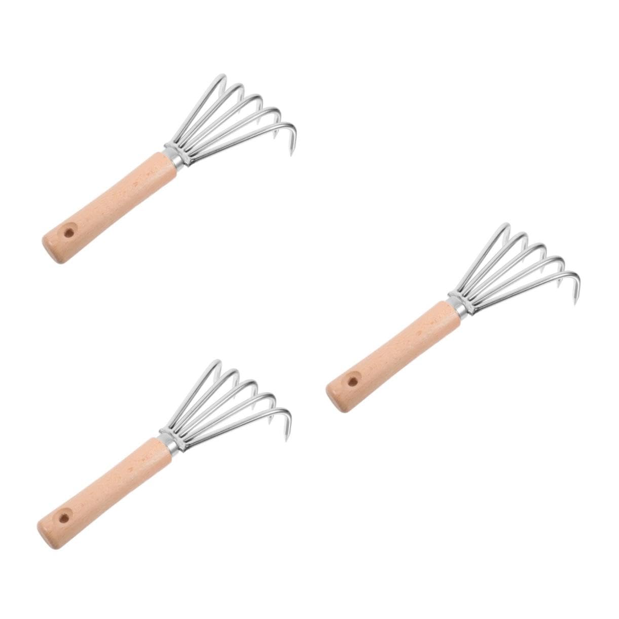 Tofficu 3 Stück Handrechen mit Holzgriff Kleiner Gartenrechen für Bodenlockerung Unkrautentfernung und Pflanzarbeiten Vielseitiges Gartenwerkzeug für Garten und Strand Ergonomisch und