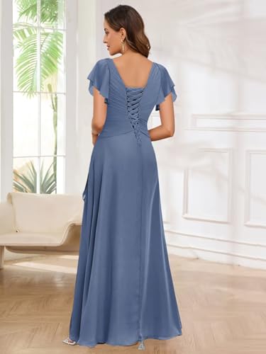 Chiffon Short Sleeve Mother of The Bride Dresses with Ruffles V Neck Beaded Pleated Wedding Guest Dress3