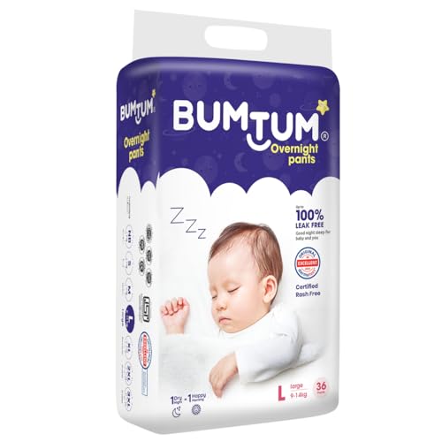 Image of Bumtum Baby Overnight Diaper Pants - Size L (9-14 kg), 36 Count | All night Absorption with Pillow Soft Comfort | No Leak | 100% Rashfree | With soothing Chamomile Microbial Layer | Pack of 1