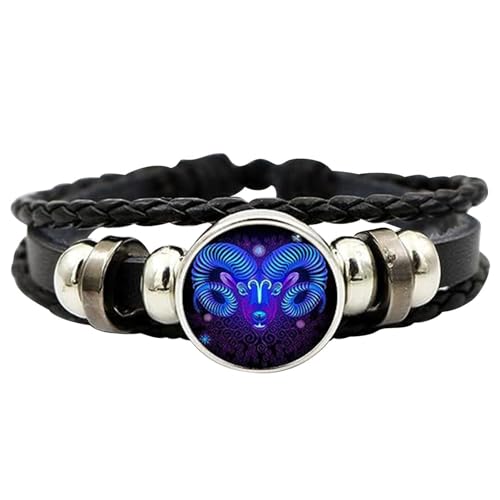 Djowyh Bracelet en cuir multicouche avec signe du zodiaque C Zodia-C, bracelet en cuir tissé à la main, bracelet enroulé avec signe zodia-c, Siehe Beschreibung,...