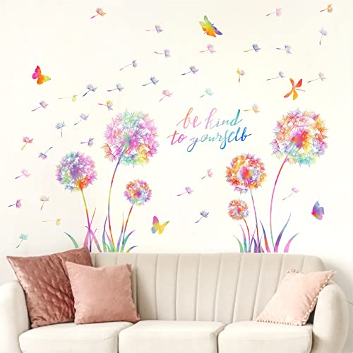 Large Dandelion Wall Decals Colorful Flower Wall Decals Peel And Sticks Wall Art Sticker Floral Butterflies Dragonfly Wall Murals Sticker Inspirational Wall Stickers For Girl Bedroom Living Room Decor #TOP9