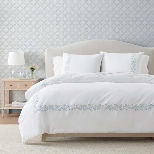 Martha Stewart - King Duvet Cover Set 100% Soft Cotton Bed Set with a Smooth Cotton Percale Reverse 3 Piece Floral Bedding with Matching Pillowcases (Garden Path Embroidery Blue)