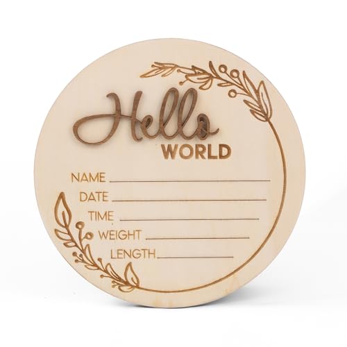 Image of Hello World Wooden Baby Birth Announcement Sign - Custom Baby Name Plaque with Leaf Design - 3D Lettering - Newborn Stats Board for Photo Prop or Nursery Decor