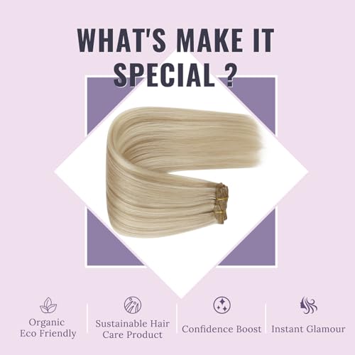 Fshine ClipIn Human Hair Extensions Real Human Hair Blonde ClipIn Human Hair Extensions Highlight Golden Blonde Straight 14 Inch 135g 7pcs - Image 4