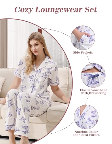 Image of NAP BOUND 100% Cotton Women's Pajama Sets Short Sleeve Button Down Soft Pjs 2 Piece Lounge Set with Pocket Nightwear XS-XXL