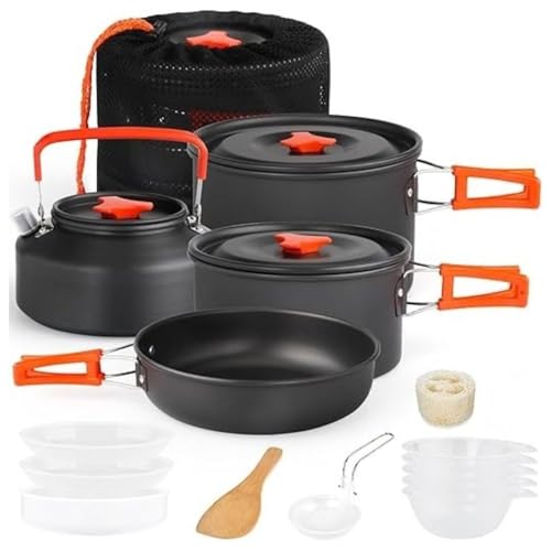 Image of BISONBERG 11 Pcs Cookware Set, Mess Kit, Accessories for Outdoor Camping, Utensils with Carry Bag, Bowl Pot Pan Set - Nonstick Aluminum - for 4-5 People