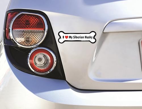 Image of Imagine This Company I Love My Breed Bone Shaped Pet Magnet; Removable Magnets for Cars, Fridges, Lockers & More, Stylish Pet Inspired Car Accessories, 2 x 7 inches, White /Black, Siberian Husky