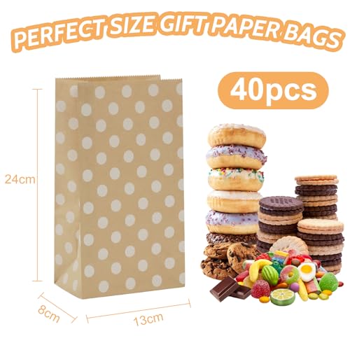 40 Stück Papiertüten Braun mit 96 Aufkleber, 24x13x8cm Geschenktüten Braun Kraftpapiertüten DIY Süßigkeiten Beutel Mitgebsel Tüten für Hochzeit Candy bar Geburtstag Tüten zum Befüllen
