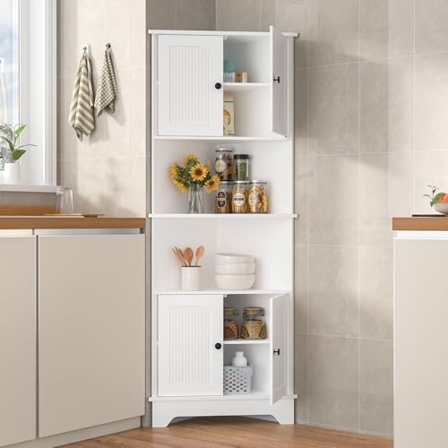 Yvsevnr Armario de Almacenamiento de Esquina Armario Alto de Esquina Corner Cabinet Estrecho con 2 Niveles con 4 Puertas de Madera, Moderno, para Sala de Estar, Cocina, Baño 66 x 44.5 x 173 cm