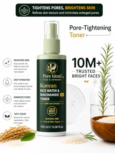 Image of Pure Klean Korean Rice Water & Niacinamide 3% Face Toner with Oat Extract | Alcohol-Free Hydrating Facial Toner | Lightweight Daily Toner for All Skin Types | 100 ml