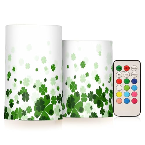 Image of ALAZA St Patricks Day Clover Flickering Flameless Candles Battery Operated with Remote Timer,Tea Light Candles LED Pillar Votive Candles Set of 2 for Outdoor Indoor Decorations11