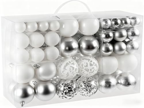Weihnachtskugeln Silber Weiß, ilauke 100tlg Christbaumschmuck aus Kunststoff - Ø3|4|6cm Matt/Hochglanz (100% Riesel-Frei) Sicher für Haustiere, Elegante Weihnachtsbaum Deko für Innen & Außen