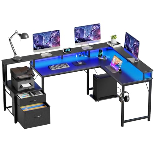 YOUDENOVA Eckschreibtisch mit Schubladen Schreibtisch L Form 168x100cm Gaming Tisch mit LED Computertisch mit Steckdose und USB-Ladeanschluss Bürotisch Schwarz