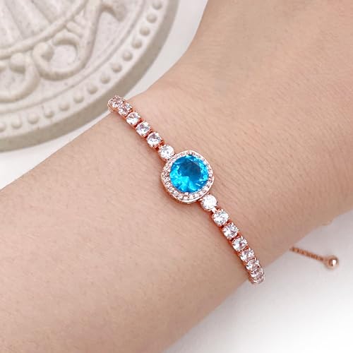 Image of Rose Plated Gold Brass Box Chain Cubic Zirconia Classic Tennis Slider Adjustable Bracelet, Round Big Zircon Charm Give Woman Mom Mother's Day Fashion Crystal Gift