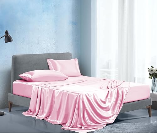 Image of Soft and Silk Satin Bedsheet for Single Bed - 400 TC Romantic Bedsheet Set for Bedroom | Bridal Wedding Bedsheet with Pillow Cover | Ideal for Gifting Baby Pink, Single Bed