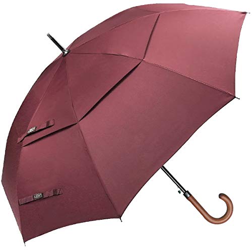 G4Free Wooden J Handle Classic Golf Umbrella Windproof Auto Open 52 inch Large Oversized Double Canopy Vented Rainproof Cane Stick Umbrellas for Men Women (Wine Red)