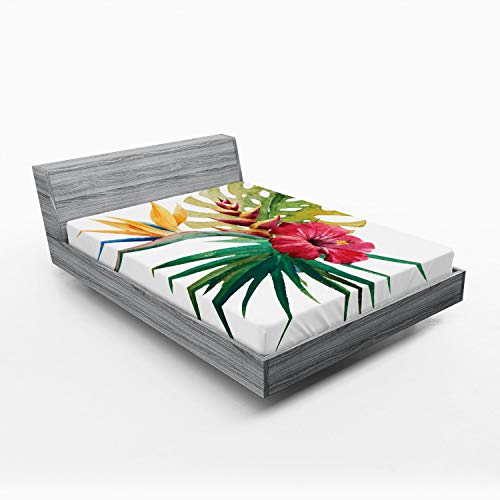 Ambesonne Floral 2 Pack Fitted Sheet, Wild Tropical Orchid, Bed Cover All-Round Elastic Deep Pockets 2 Pieces, Package Contains 2 Queen Size Fitted Sheets, Forest Green