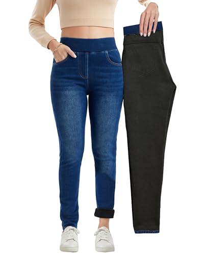 Fakanhui Damen Fleece Gefüttert Jeans Winter Jeggings Hohe Taille Thermo Warm Flanell Sherpa Skinny Jeans Gewaschen S