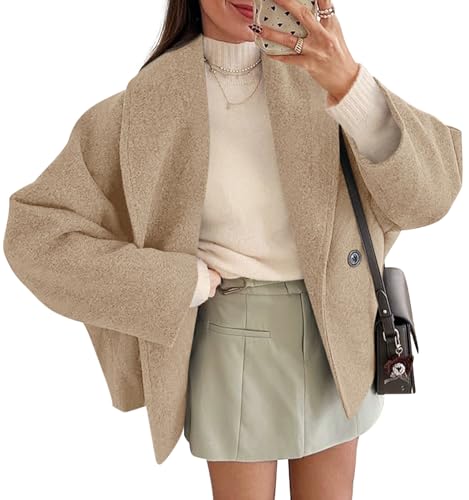Yousify Womens Cropped Pea Coats Oversized Wool Blend Short Jackets Lapel Double Breasted Fall Winter Outerwear Outfits