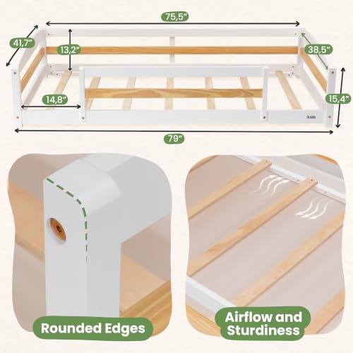 Image of Twin Floor Bed with Safety Guardrails, 2 Openings and 14 supportive slats