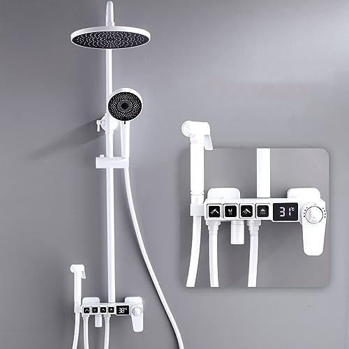 ZYCHSJXA Conjunto de grifería de Ducha termostática con Pantalla Digital Inteligente, Efecto Lluvia, latón, Altura Ajustable, 4 Funciones, con Mango Redondo y 3 Modos, Color Blanco.