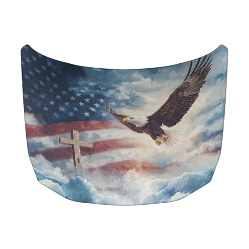 Image of Car Hood Cover,American Flag with Cross Protector Front Auto Bonnet Hood Wrap Cover Washable Stretchable Fabric Hood Wrap Blanket 3.3x5 Ft Soft Breathable