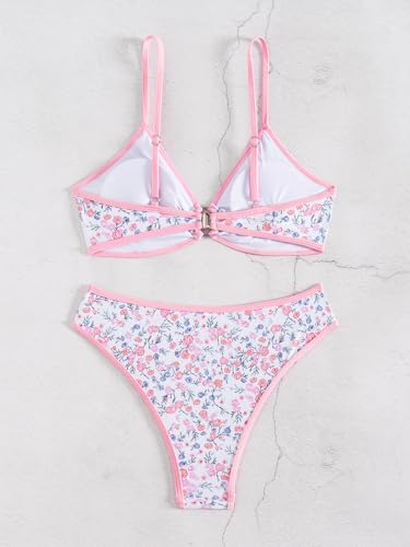 Image of Fanuerg Women's Triangle Bikini Sets O Ring Linked Two Piece Swimsuits Floral Printed Cheeky Bathing Suit