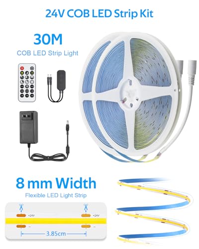 Image of Aclorol 24V LED Strip Lights 100FT Cold White 6000K COB Tape Light | 2 Rolls of 50FT, Dimmable LED Strip Lights for Bedroom with Power Supply and Remote, Flexible and Cuttable, CRI85+, 320LEDs /M
