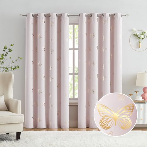 Image of Jubilantex Pink and Gold Butterfly Blackout Curtains 95" Length for Baby Girls Nursery Bedroom 80% Blackout Grommet Window Treatment,1 Pair Lavender Pink/Baby Pink