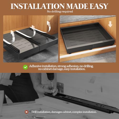 4 Pack Expandable Pull Out Cabinet Organizer 21"Deep With Raising Pad for Framed Cabinets,Upgrade 3 Slide Rails Slide Out Drawers,No Drill Roll Out Shelves,Adjustable Width 15.1"-26.3" Black