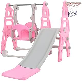 FUKEA Slides for Children Outside,Kids Slide-Indoor & Outdoor Use,4 in 1 Toddler Climber and Swing Set with Basketball Hoop, Garden Play Equipment-Strong, Kid-Safe, Easy to Assemble Stair Slide(Pink)