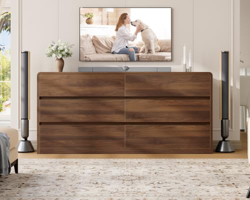 Image of TEENFON 55 inch Dresser for Bedroom with 6 Drawers, Dressers & Chests of Drawers with Curved Profile Design, 6 Drawer Dresser, Bedroom Dressers, Wood Dressers for Bedroom, Hallway, Walnut