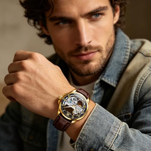 Image of OLEVS Skeleton Watches for Men Automatic Self Winding Mechanical Luxury Dress Leather Waterproof Luminous Men Wrist Watch