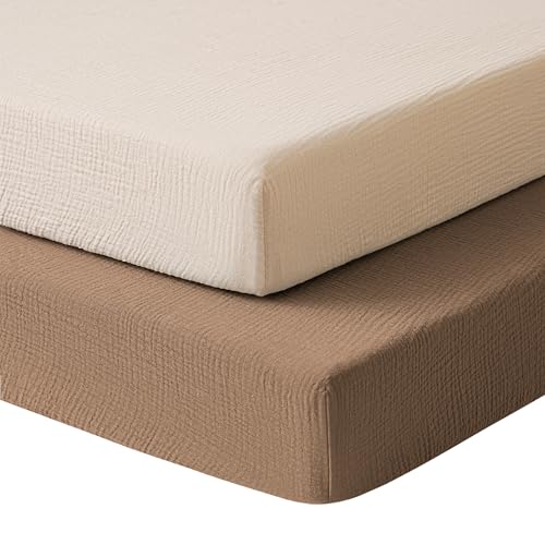 Image of Konssy Muslin Mini Crib Sheets, 100% Soft Cotton Pack and Play Sheets for Pack N Play Mattress, Playard Baby Crib Sheets for Baby Girls(Brown, Cream)