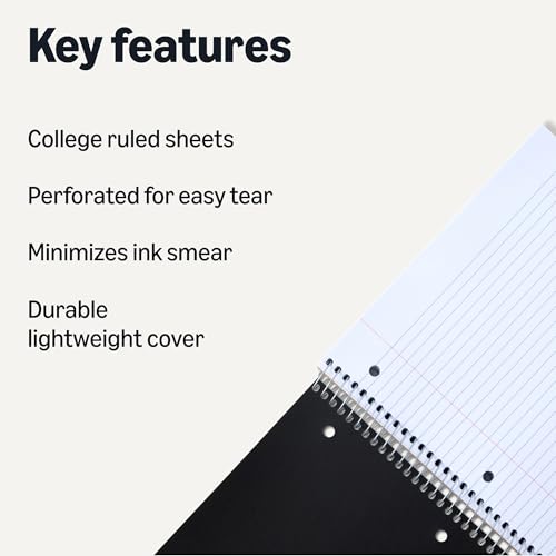 Image of Amazon Basics College-Ruled 3-Subject Spiral Notebook, 150 Sheets, 8.5 x 11 inches, Black