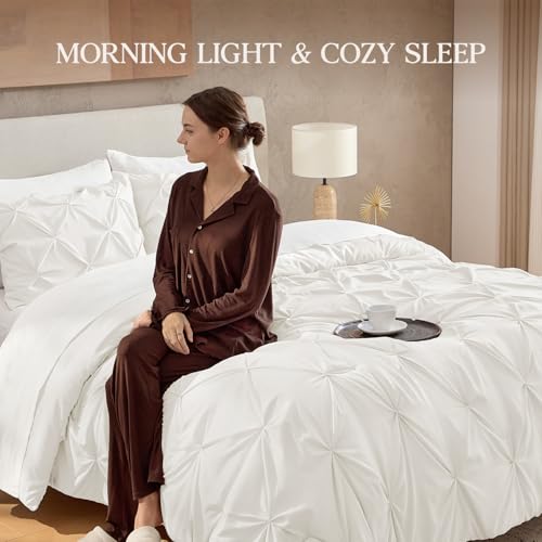 Image of Andency Oversized Queen Pinch Pleat Comforter Set (98 inchx98 inch),3 Piece Lightweight Pintuck Bedding Comforters & Sets, Fluffy Down Alternative Comforter with 2 Pillow Shams for All Season,Ivory