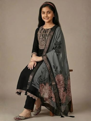 Image of Girls Ethnic Embroidered Silk Kurta Pant and Jacquard Dupatta Set | Kids Salwar Suit | three piece Traditional Outfit