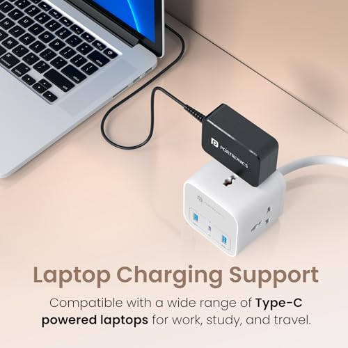 Image of Portronics 65W Zion 65 PD Fast Charging Laptop Adaptor with in Built Type C Cable, PPS Technology, 1.5m Cable Length, Compatible with Laptops, Smartphones, Tablets, MacBooks, iPads (Black)