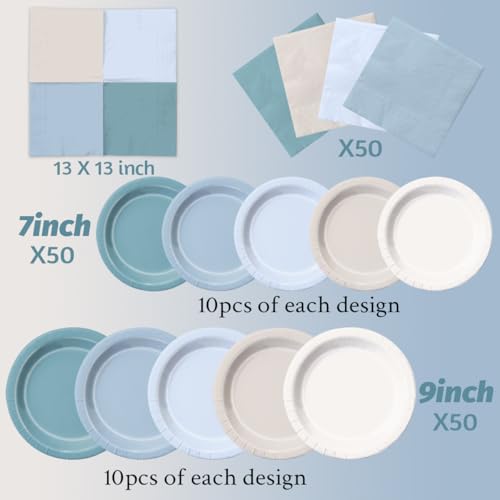 Image of CMUSKO Blue Birthday Decorations - 150pcs Dusty Blue Gradient Plates & Napkins Kit Serves 50 for Dusty Theme Baby Shower,Wedding, Bridal Shower