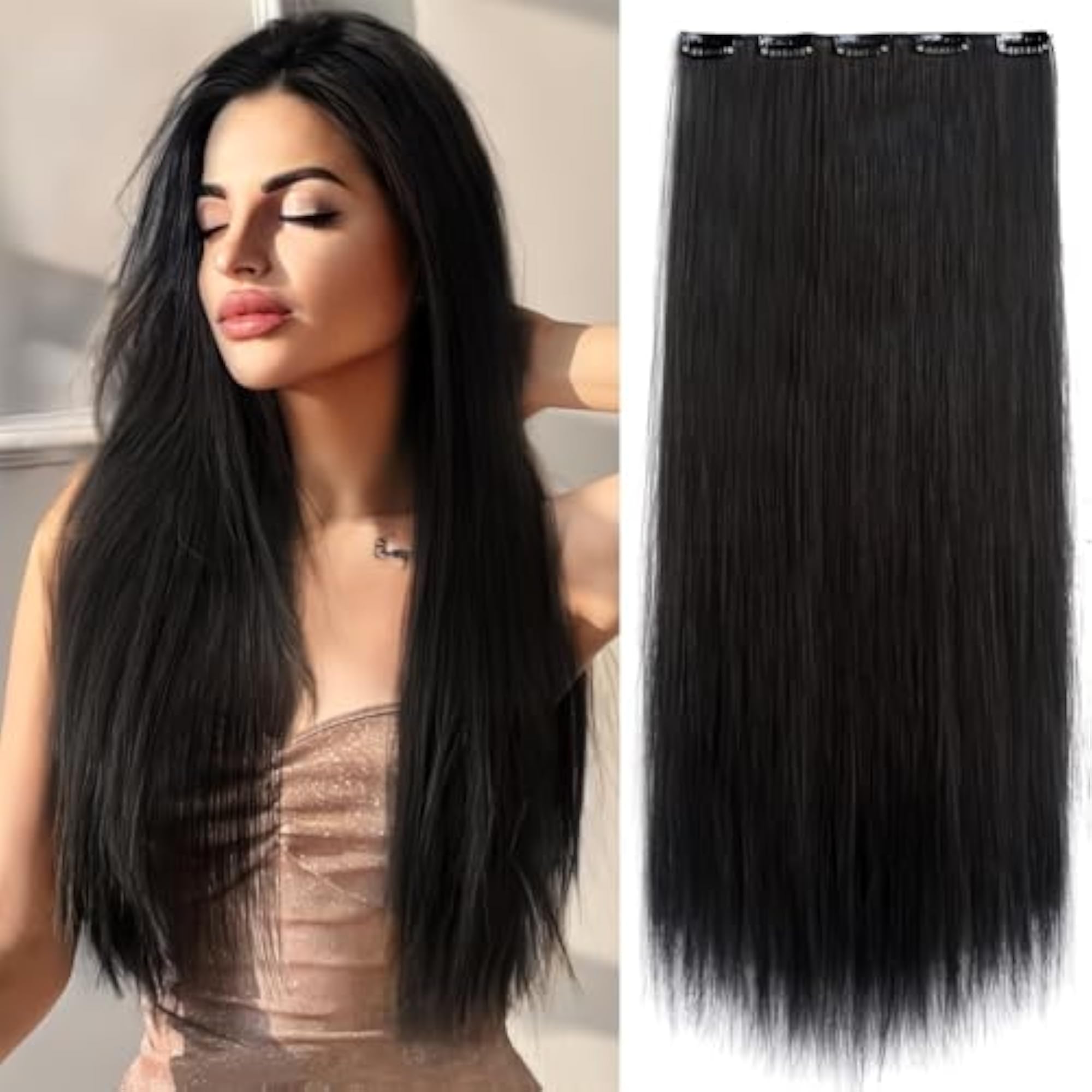 5 Clips Straight Synthetic Hair Extension, 22 Inches Black