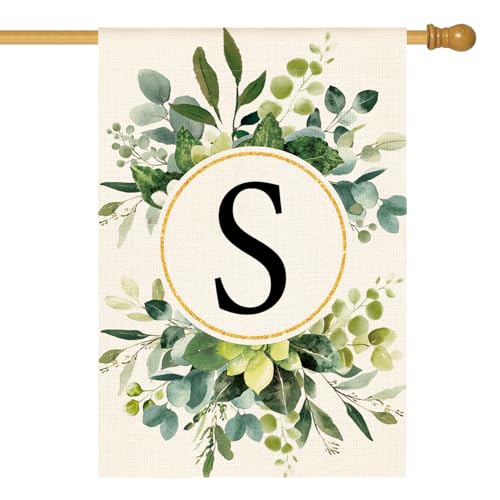 AVOIN colorlife Monogram Letter S Floral House Flag 28x40 Inch Double Sided Outside, Family Last Name Initial Yard Outdoor Decoration