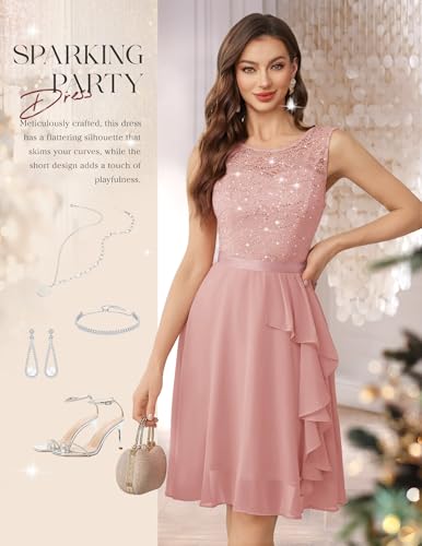 Image of BeryLove Womens Boat Neck A Line Sleeveless Lace Formal Homecoming Dress | Short Dress With Ruffle Hem, Sparkly Design Ideal For Wedding Guest,Bridesmaid Cocktail Prom & Evening Party Events