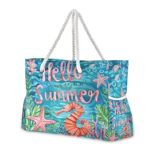 Image of Beach Tote Bags for Women, Turtle Flower Starfish Large Beach Shoulder Bag Pool Bags Purse