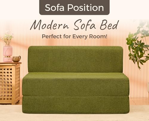 Image of uberlyfe Basics 2 Seater Sofa Cum Bed | Jute Fabric Washable Cover | Olive Green | 4' X 6' Feet