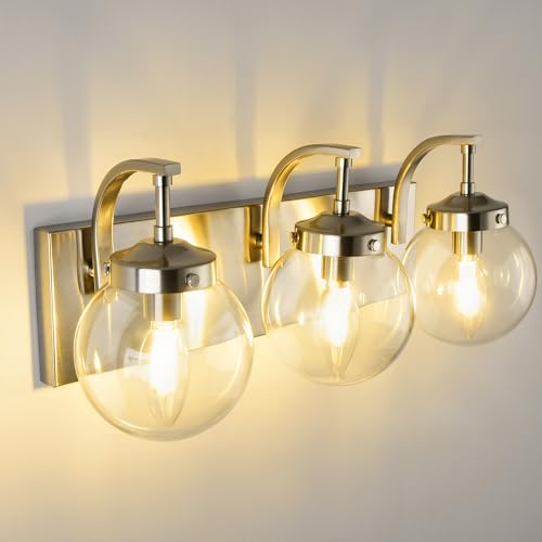 Image of Beionxii Brushed Nickel Bathroom Light Fixtures, 3-Light Bathroom Vanity Light Over Mirror, Modern Vanity Lighting Fixtures with Clear Glass Shade for LivingRoom Hallway, BX-VL03BN-3CG
