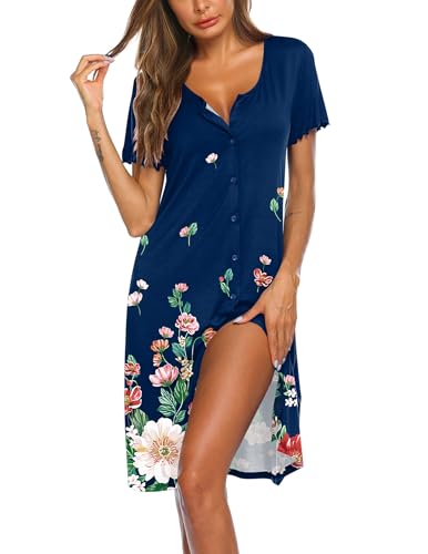 Image of Ekouaer Women's Nightshirt Short Sleeve Button Down Nightgown V-Neck Sleepwear Pajama Dress