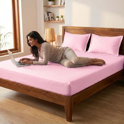 Image of Mafatlal Italian Strip King Size Bed Sheet Cotton with 2 Pillow Covers| 210 TC Pure Cotton Flat Bedsheet Pink | 108 x 108 Inches | Soft & Durable